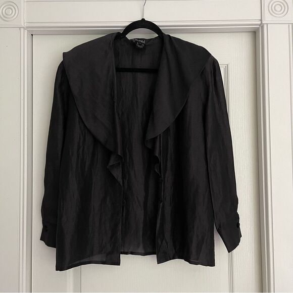 Lightweight Black Button Up Ruffled Blouse - Picture 1 of 7